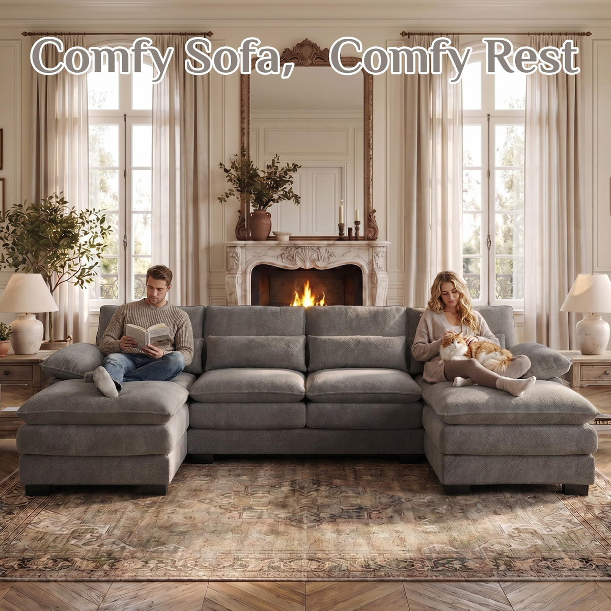 113" Cloud Couch Sectional Modular Sofa U Shaped Sectional Couches for Living Room Comfy Chenille 5 Seat Cloud Sofa Set with 4 Pillows, Chaise Lounge, Movable Ottoman, Stone Grey