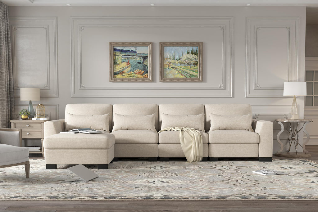 130" Beige Modular L Shaped Sofa with Storage Ottoman Spring Pack Cushion, Solid Wood Frame, Combination Design PU889