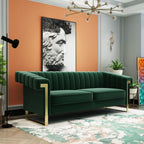 Tomkate 84" Chesterfield Sofa, Modern Velvet 3-Seater Couch with Gold Metal Legs & Removable Cushions, Upholstered Comfy Sofa with Stainless Steel Base for Living Room, Bedroom, Office (Green)