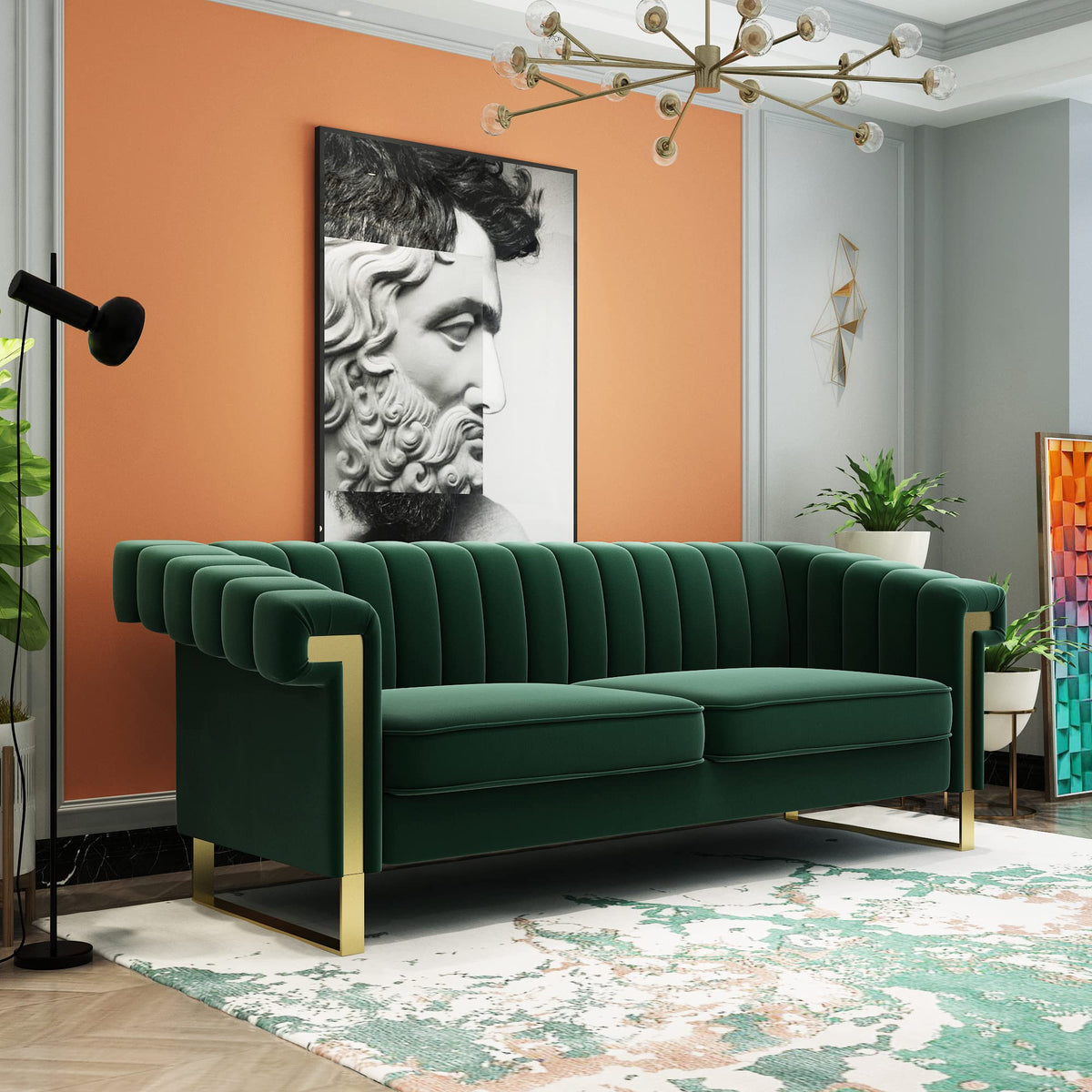 Tomkate 84" Chesterfield Sofa, Modern Velvet 3-Seater Couch with Gold Metal Legs & Removable Cushions, Upholstered Comfy Sofa with Stainless Steel Base for Living Room, Bedroom, Office (Green)