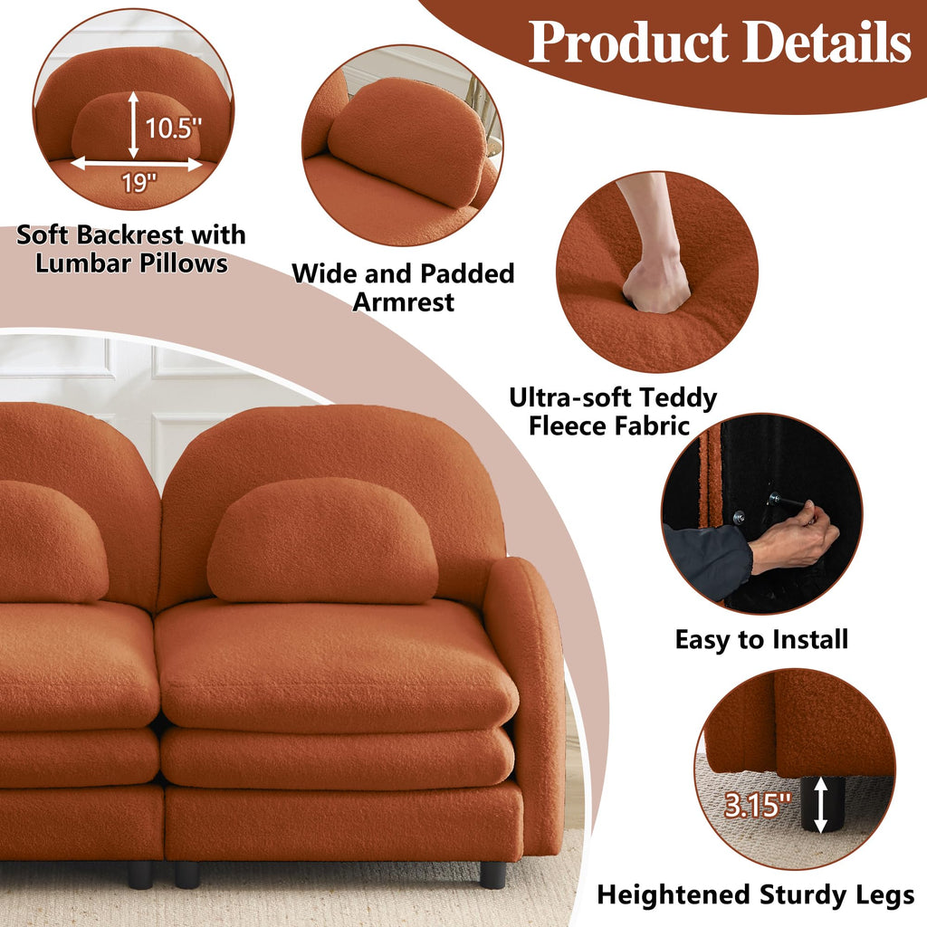 129.1" Modular Sectional Couch, Teddy Fleece Fabric, Orange