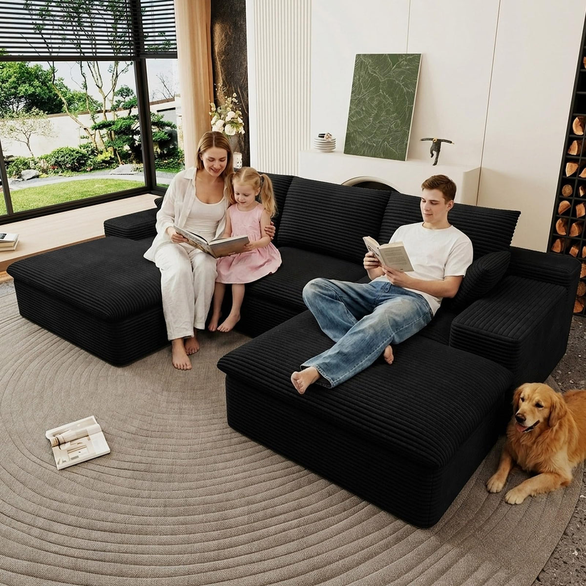 107" Cloud Couch Modular Sectional Couchs with Chaise Lounge, U-Shape Boneless Couches with Ottoman for Living Room, Corduroy Sofa with Deep Seat, No Assembly Required (Green, Left Facing Chaise)