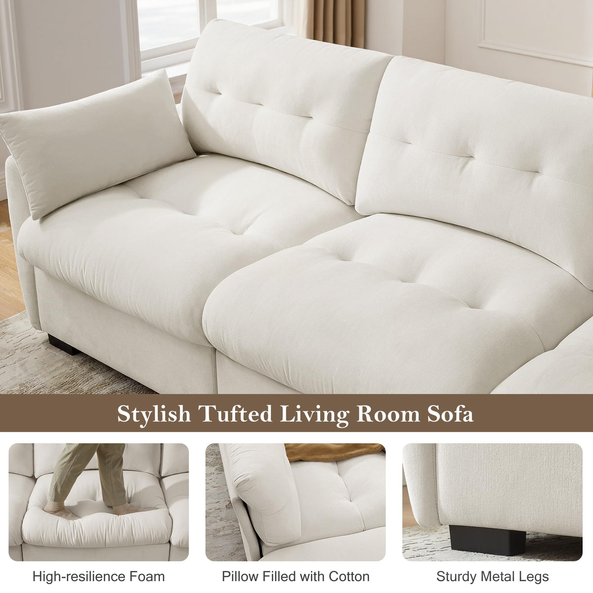 VANOMi Cloud Sectional U-Shaped Couch, 141" W Chenille Modular Sofa, Beige