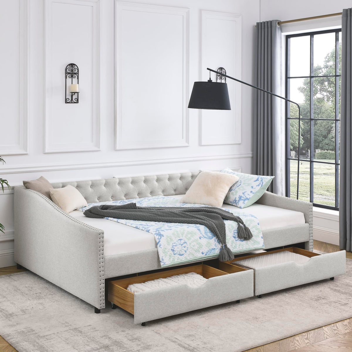 Versatile Daybed with Pull-Out Trundle, Textured Fabric Upholstery