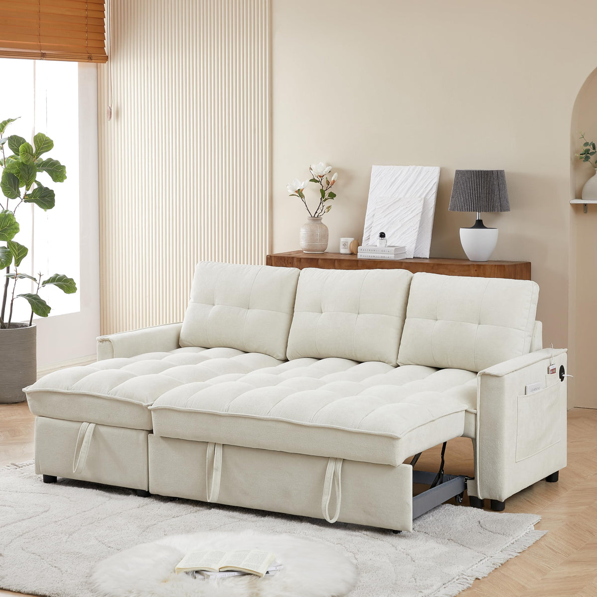 Tidyard Reclining Sectional Sofa, Pull Out Sleeper Bed with USB Charging Ports, 71.3 Inch L Shaped Couch with Storage, Chenille Fabric for Living Room