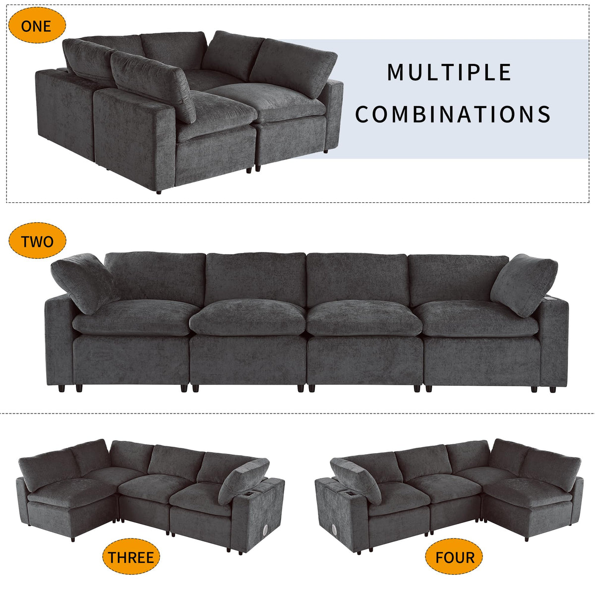 Upholstered Modular Sofa with with Storage Space, USB Charge Ports,Wireless Charging and Built in Speaker in Arm,Sectional Sofa for Living Room Apartment.[Old SKU:WY000317AAE]
