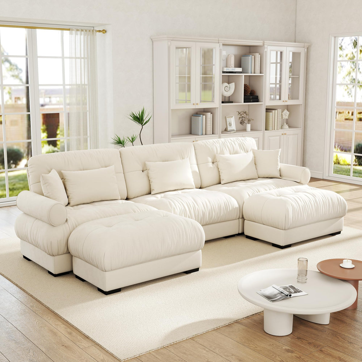 Velvet Modular Sectional Sofa,130" W Oversized U Shape Cloud Couch with 2 Ottomans,Free Combined 3 Seater Comfy Sofa with Bolster Armrest Pillows,Green for Living Room