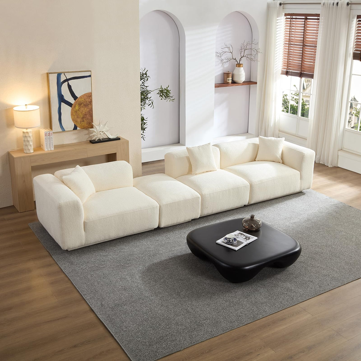 110" Modern Velvet Sofa, Luxury Curved Couch, Comfy Fluffy Cloud Sofa Deep Seat, Oversized Modular Sectional Sofa, Minimalist Memory Foam Upholstery Sofa for Living Room Office Apartment, Beige
