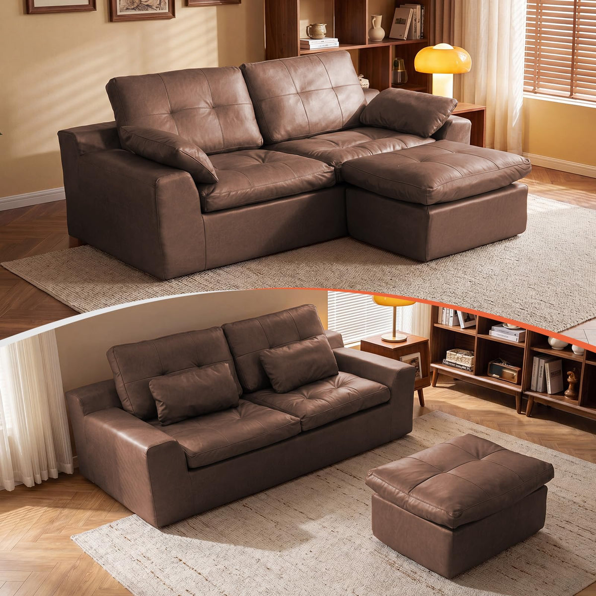108" L-Shaped Modular Boneless Couch for Living Room,Faux Leather Sofa Bed