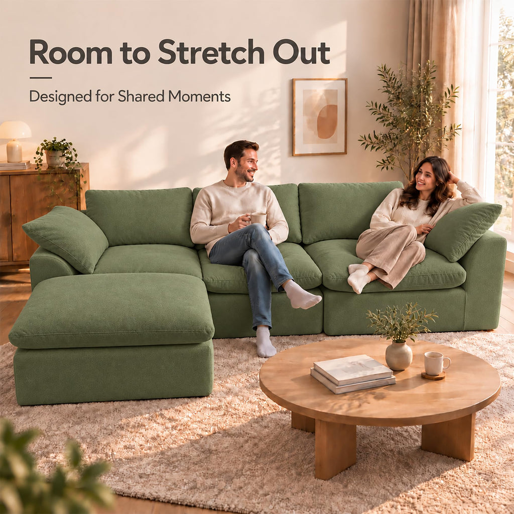 108" Cloud Sectional Couches for Living Room with Ottoman,Green
