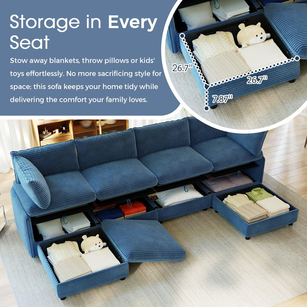 10 Seat Oversized Modular Sectional Couch Bed with Hidden Storage and Movable Ottomans Corduroy Upholstered Deep Seat for Sectional Couches for Living Room Bedroom, Blue