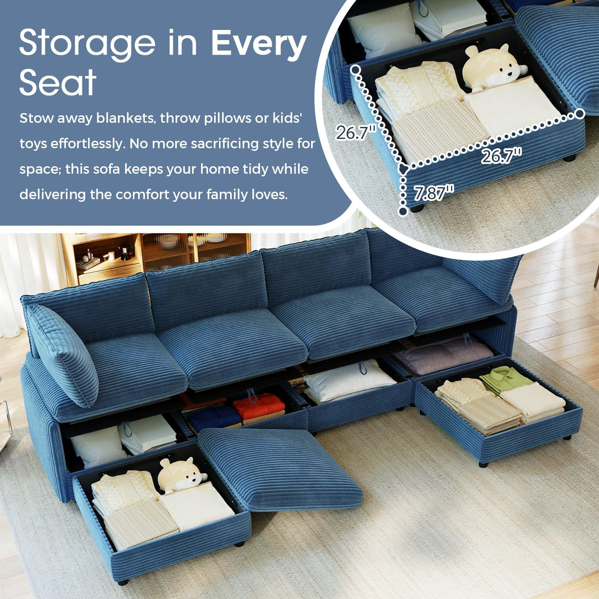 10 Seat Oversized Modular Sectional Couch Bed with Hidden Storage and Movable Ottomans Corduroy Upholstered Deep Seat for Sectional Couches for Living Room Bedroom, Blue