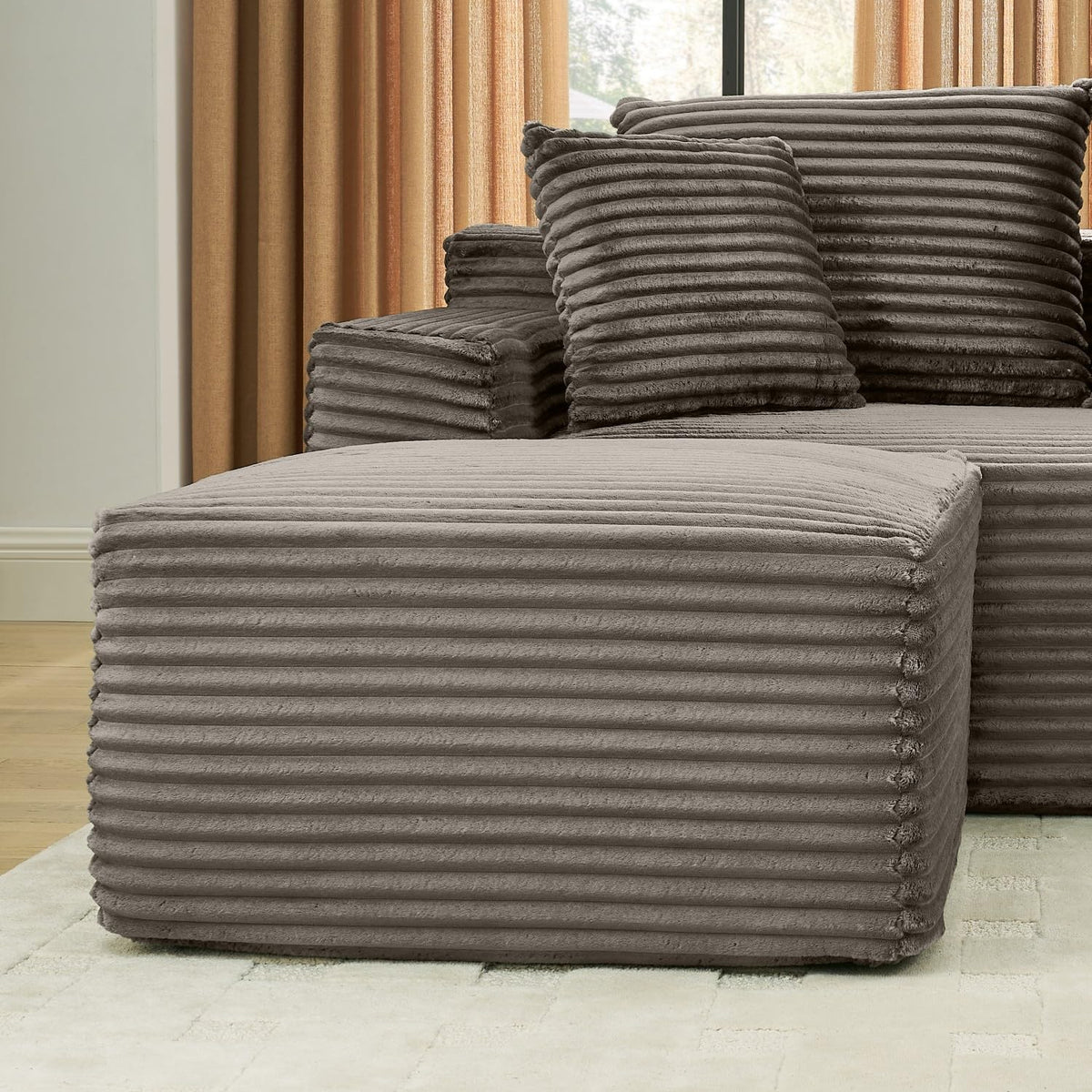 115" Modular Sectional Sofa, Corduroy U-Shaped Cloud Couch with Chaise ‌and Ottoman‌, No Assembly Boneless Couches for Living Room, Brown