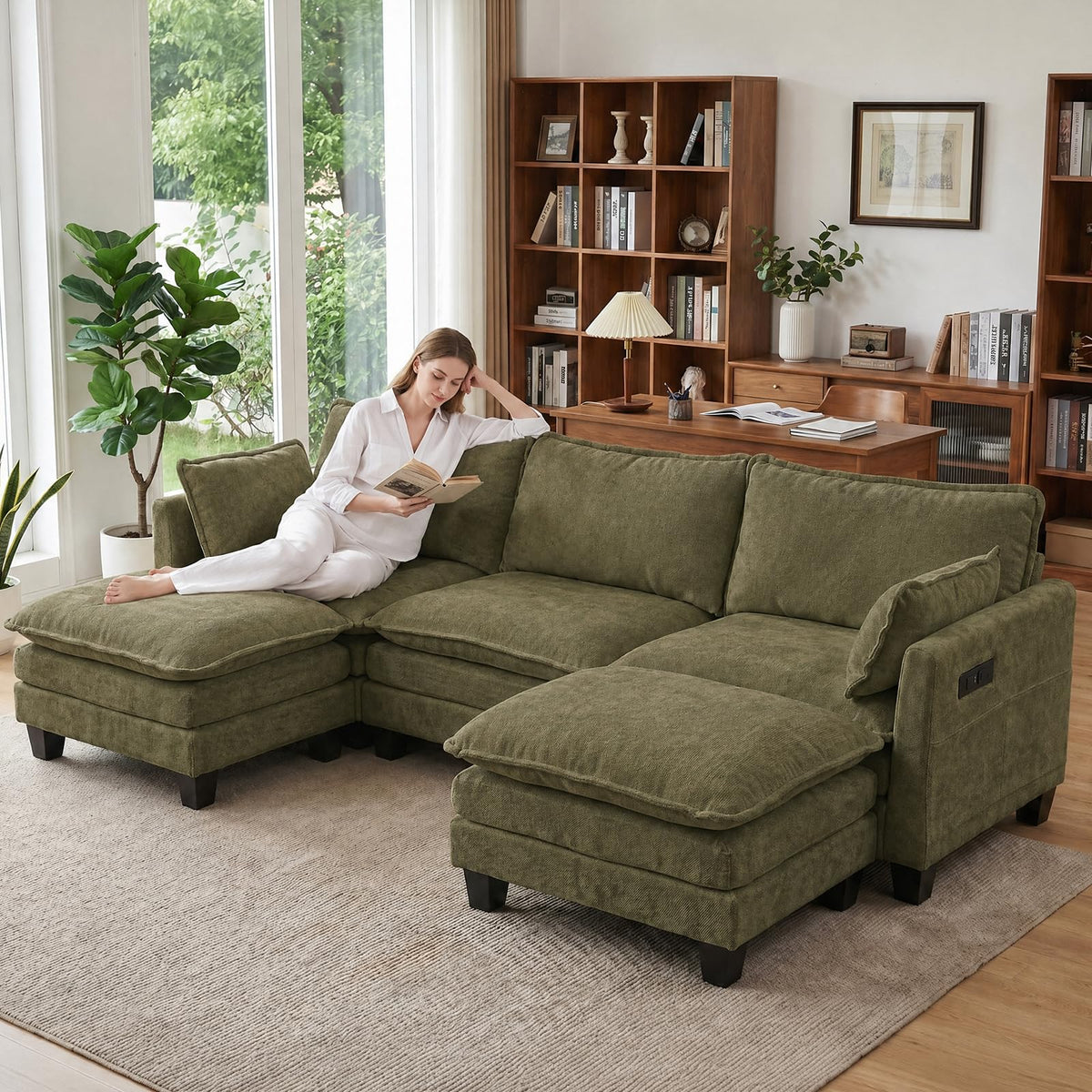 108" Modular Sectional Sofa Cloud Couch - U Shape Sofa with Charging Station Side Storage - Chenille Comfy Couches with Ottoman Movable for Living Room Bedroom Apartment Office, Green