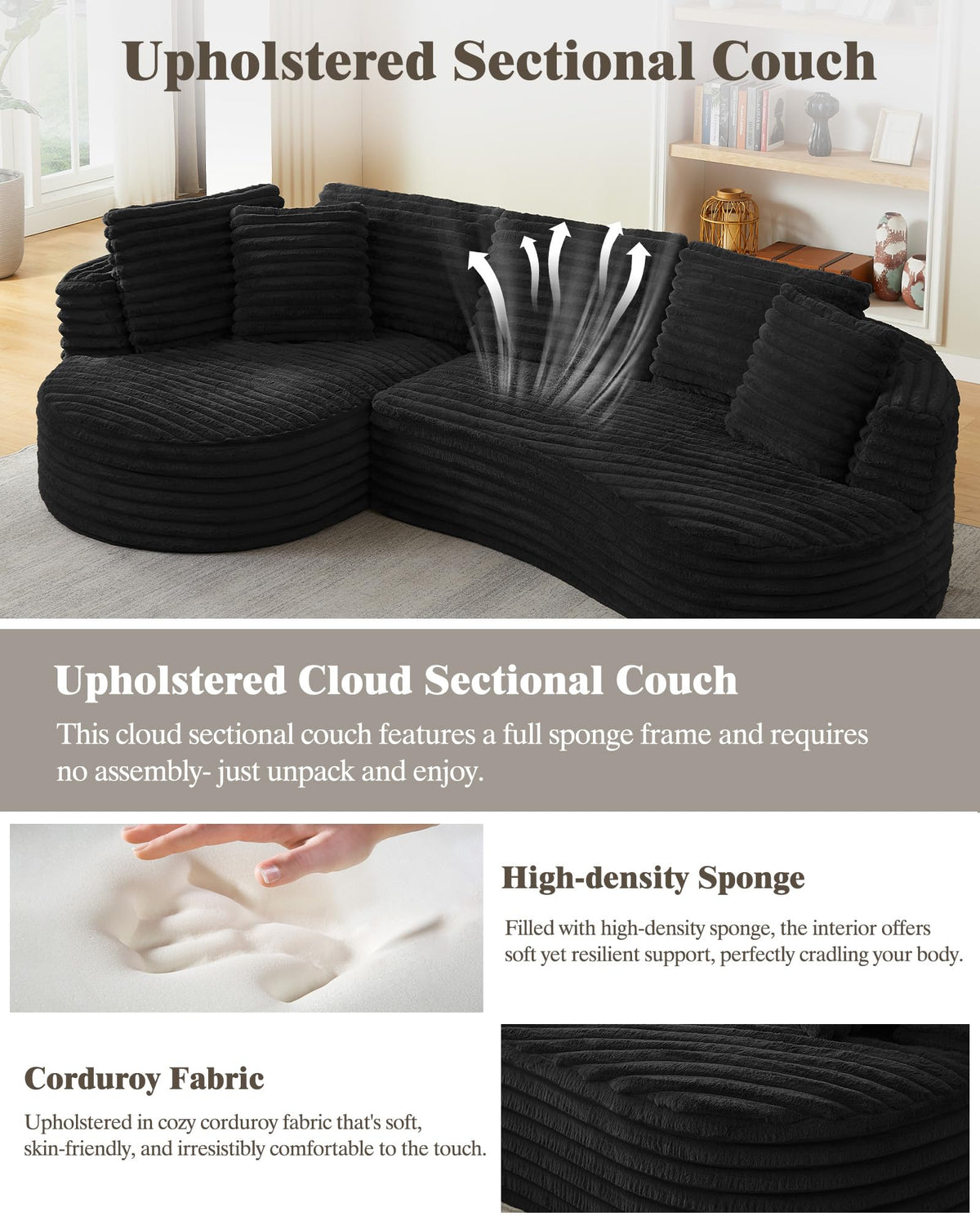 121 inch Boneless Cloud Modular Sectional Couch, Wide Curved L Shaped Sofa with Chaise | Corduroy Fabric | Compressed Foam Sofa for Living Room | No Assembly Black