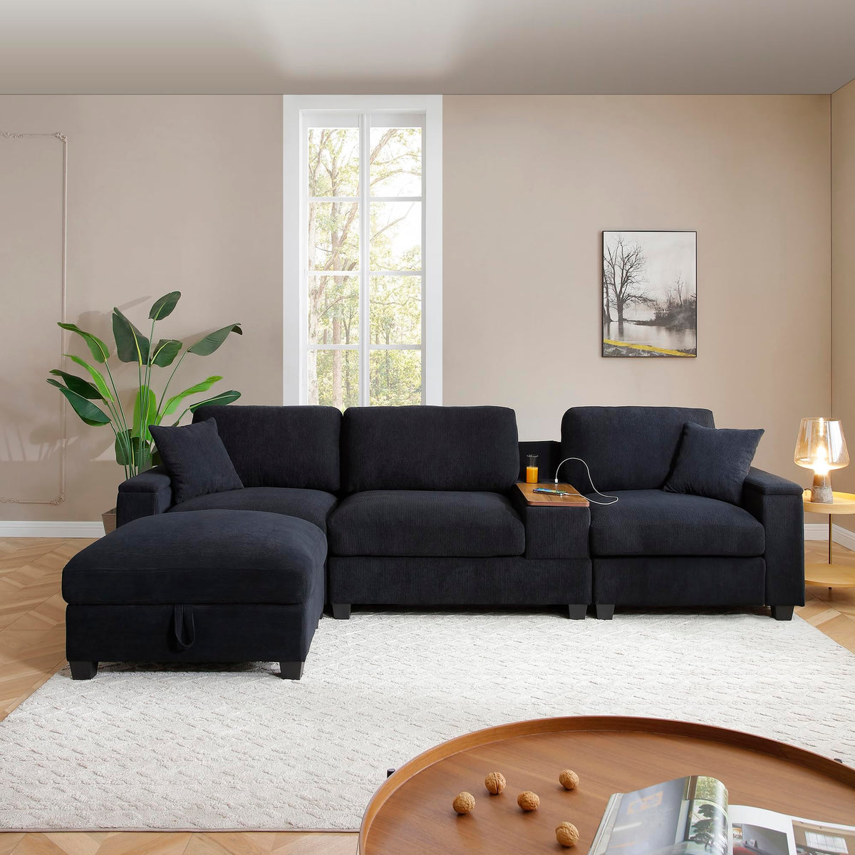 120.3" Sectional Sofa,L Shaped Oversized Couch,Comfy Cloud Couch Set with Drop Down Table,360 Degree Swivel Tray,Cup Holders,USB Charger,Storage Ottoman and Armrest,Wide Seat Sofa for Living Room
