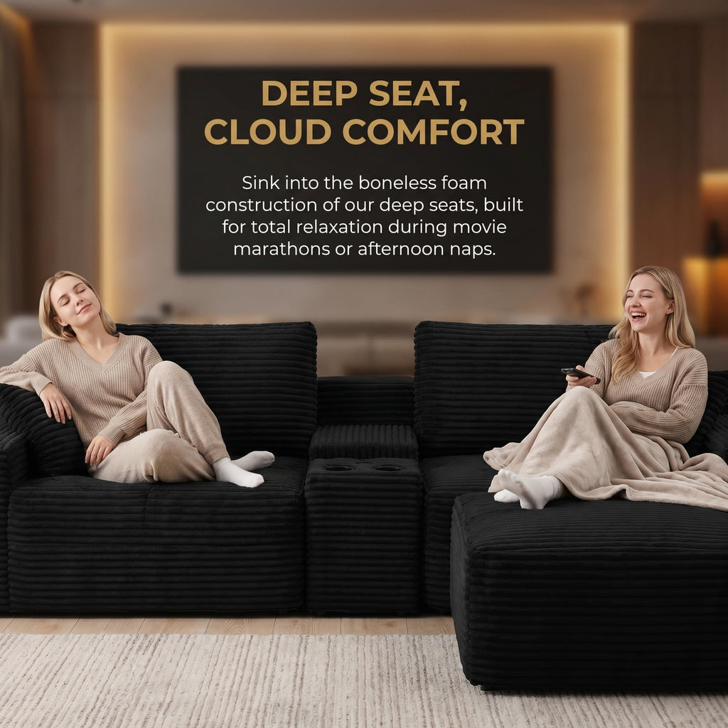 111" L Shape Boneless Couch with Cup Holders & USB Ports, 3 Seater Sectional Modular Couch with Storage Ottoman, Compressed Sofa Boneless Loveseat with for Living Room & Apartment, Jet Black