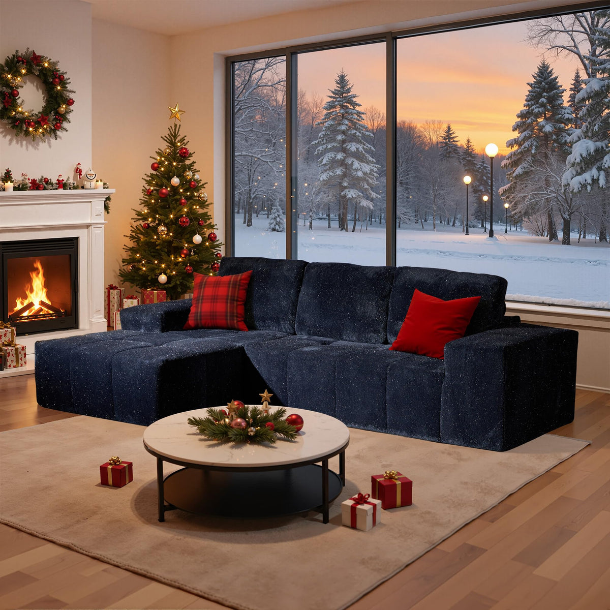 114" L Shaped Cloud Couches with Chaise,Right Facing Modular Sectional Sofa,Glitter Fabric Couch with Deep Seats for Living Room,Bedroom and Apartment,No Assembly Required,Black