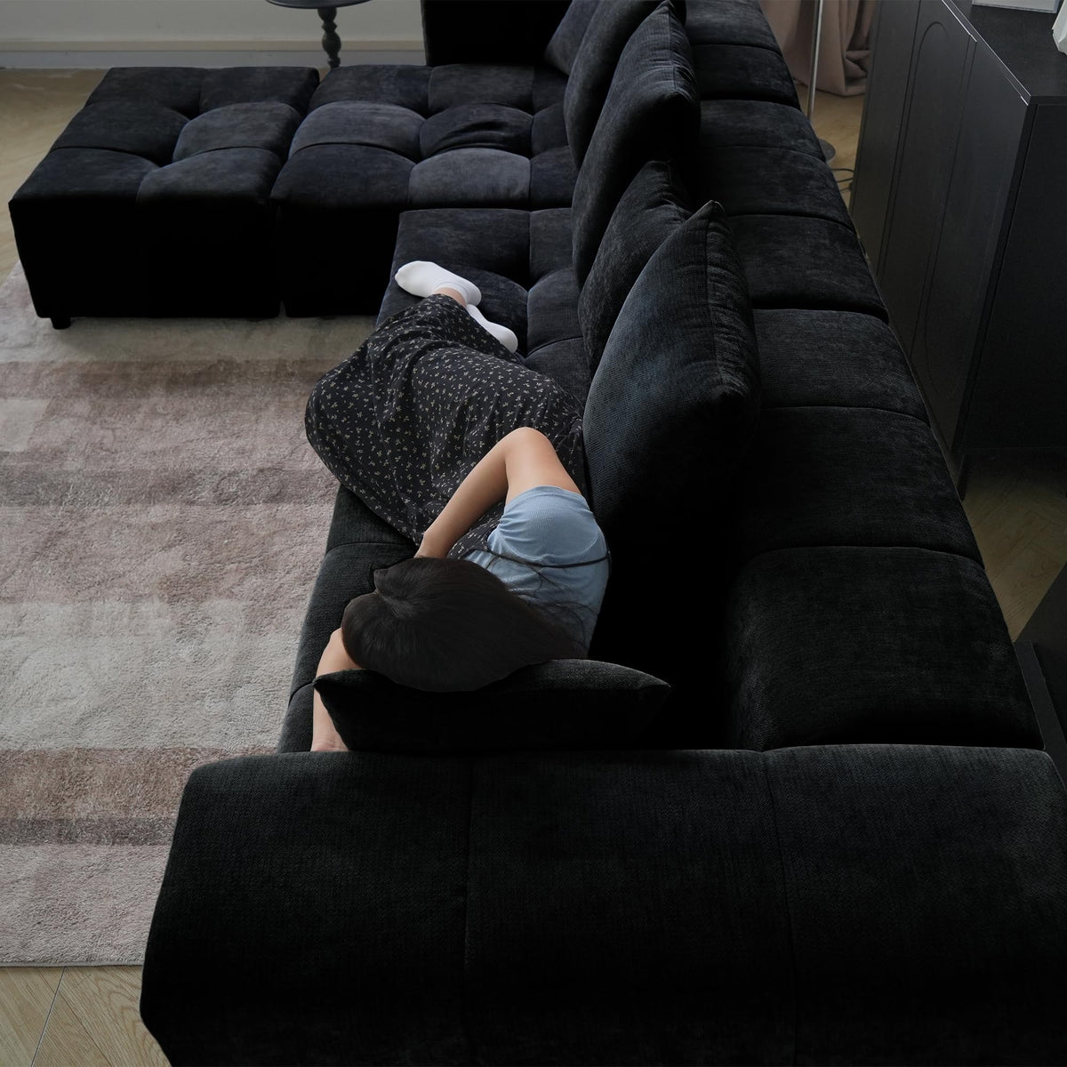WJShome 144" Sectional Couches for Living Room,Modular Sectional Sofa, U Shaped Couch, Linen Deep Seat Cloud Couches with Pillow for Living Room,Black