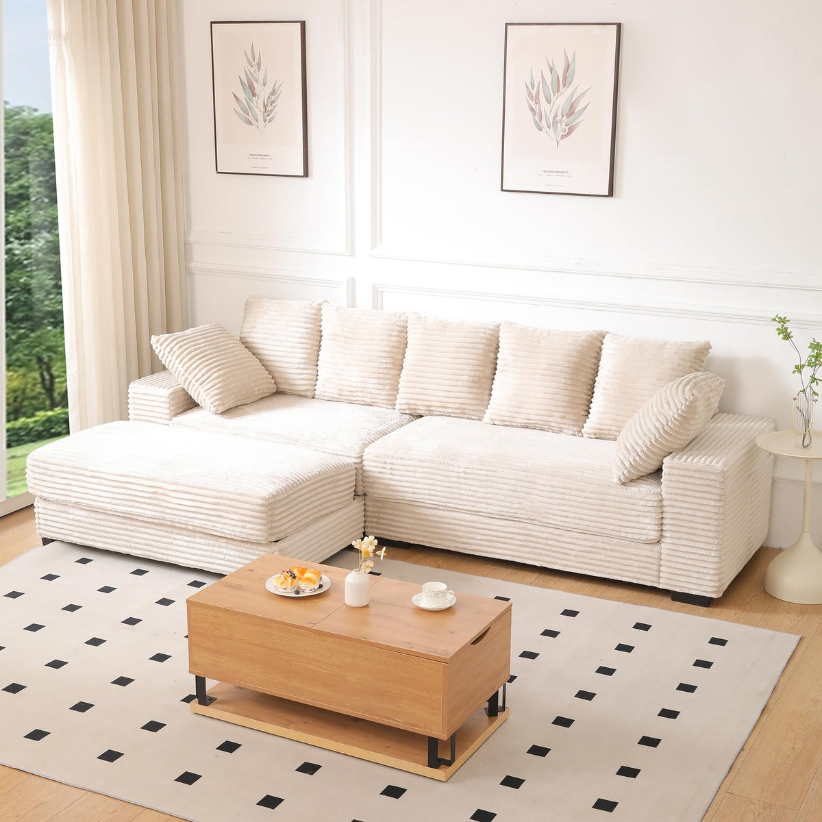 108.6" Sectional Sofa, Thickened Corduroy Sectional Couches for Living Room,Comfortable L Shaped Chaise Sectional Sofa with Storage Ottoman,Eight Throw Pillows,Beige HN428