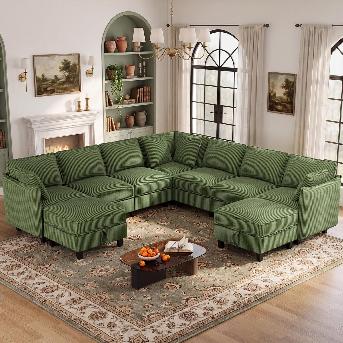 WorthFurni 84.8" Modular Sectional Sofa, 6 Seater Corner Sofa Modern V-Shaped Couch with 1 Storage Ottoman, Comfortable Corduroy Sofa with Throw Pillows for Living Room, Apartment, Green