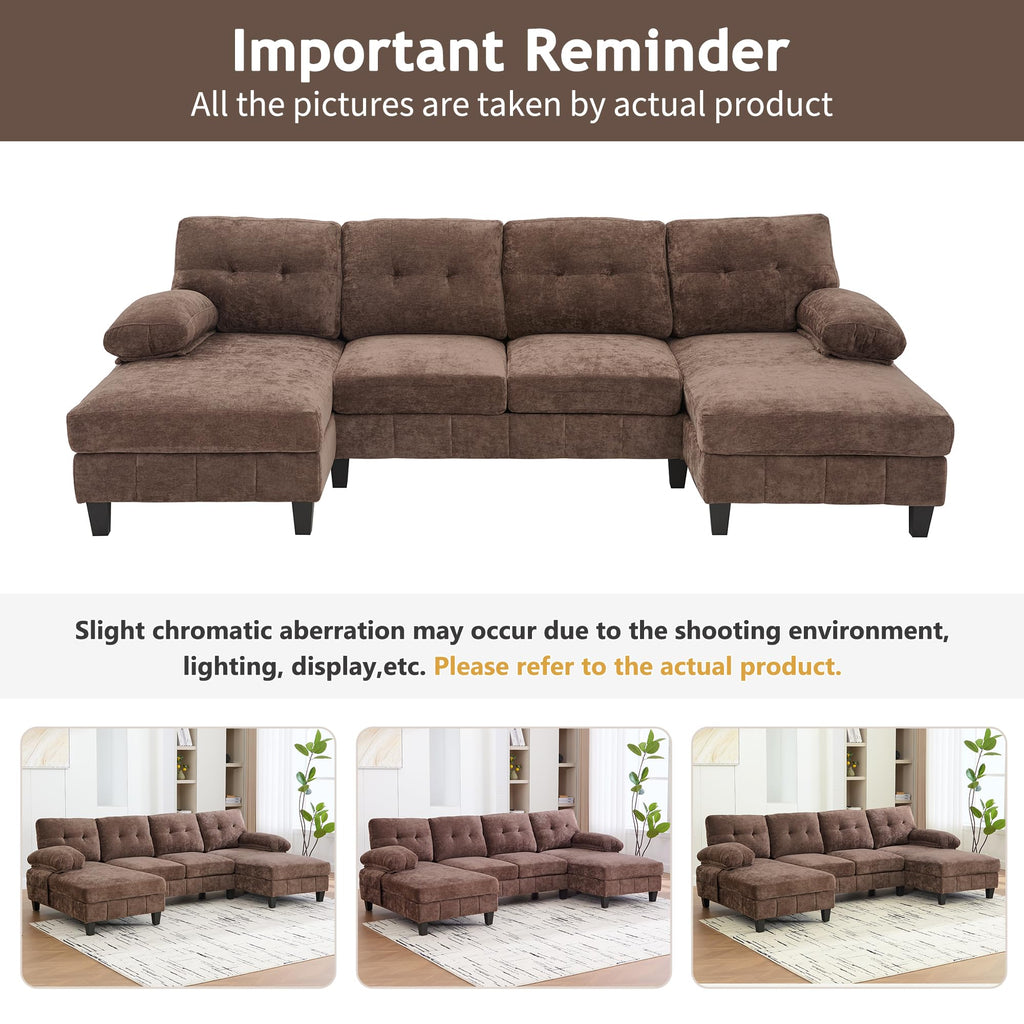 U Shaped Sectional Sofa 103.5" Chenille Fabric Couch with Dual Chaise Lounges, Storage Pockets and Armrest Pillows for Living Room, Brown