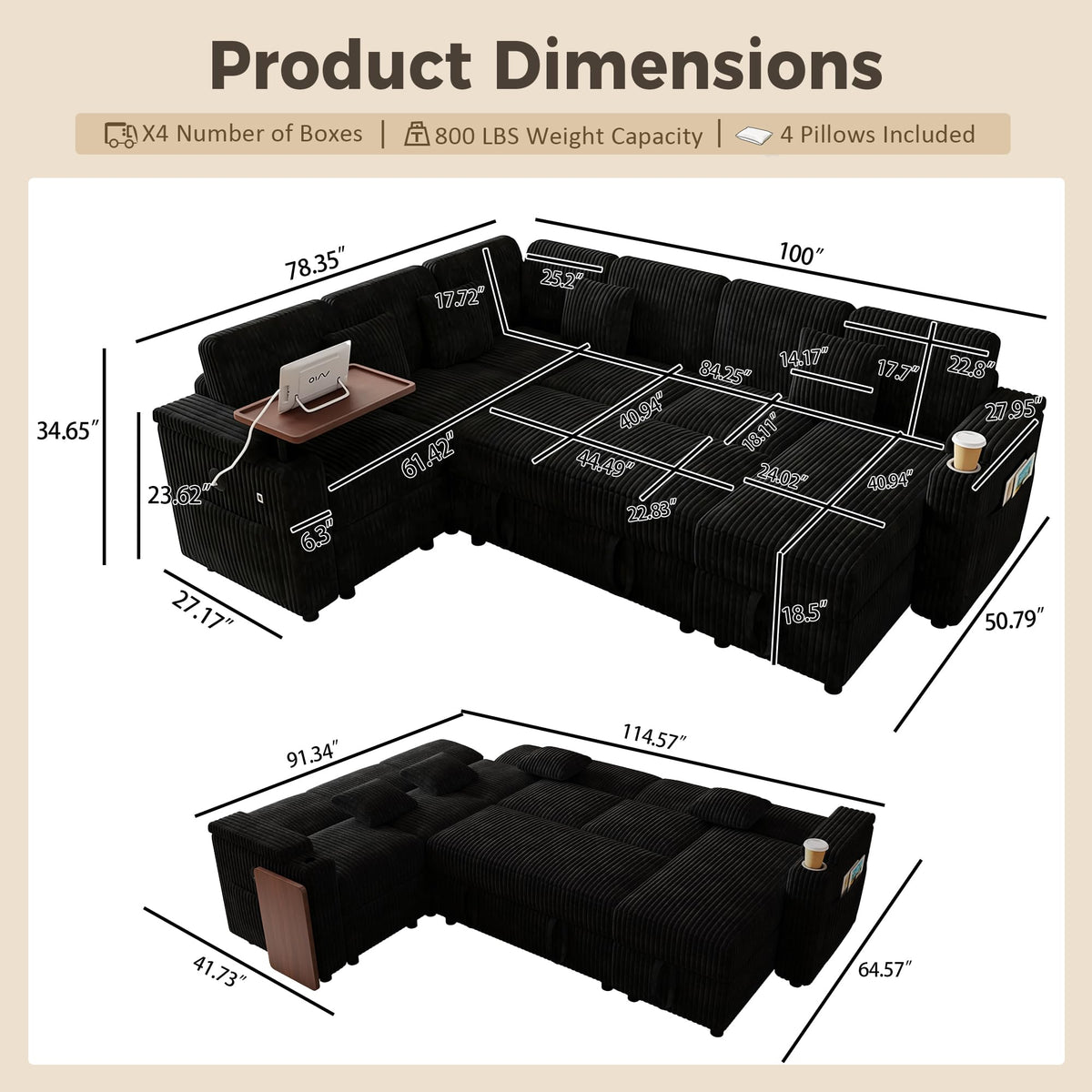 100" Convertible Sectional Sofa Bed, Pull Out Couch Bed with Storage Chaise, Table Board, USB Ports & Cup Holder, 7-Seater Modular Corduroy Sofa Bed, Reclining Sectional Couch for Living Room, Black