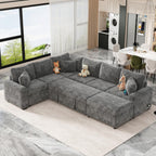 112.2" Sectional Sofa Pull-Out Bed Sleeper with Storage Ottoman Grey Chenille Living Room Cozy