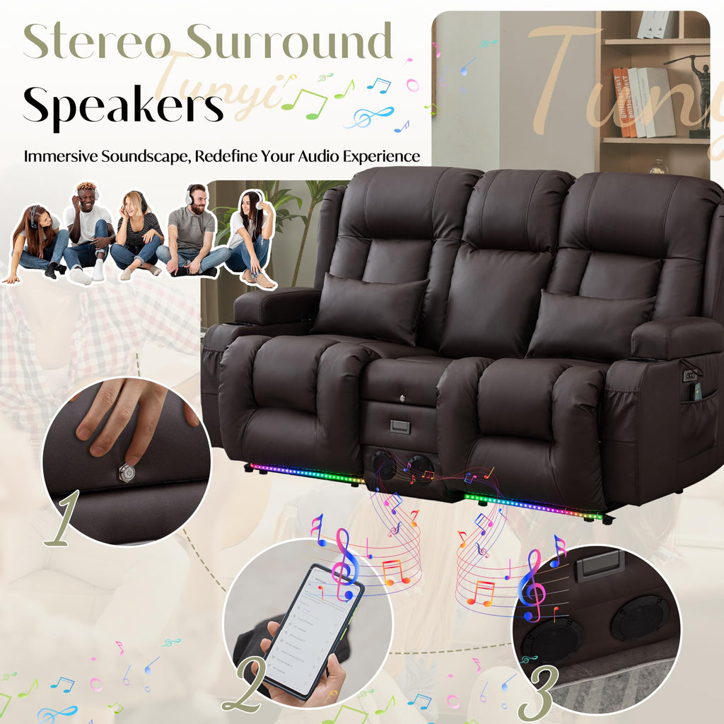 TUNYI Power Loveseat Recliner Sofa, Faux Leather Reclining Sofa with Console RV Reclining Loveseat Couch with USB/Outlet/Storage/Side Pocket/LED Light/Speaker (Brown, Loveseat)