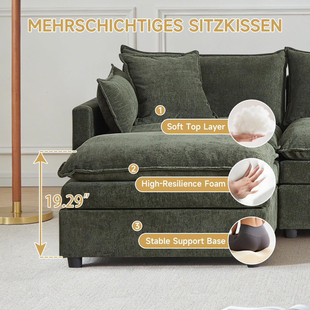 108.66" L Shaped Modular Sectional Couch, Comfy Chenille Upholstered Cloud Couches with Movable Ottoman for Living Room, Modern 3 Seater Sofa with Pillows for Apartment, Green