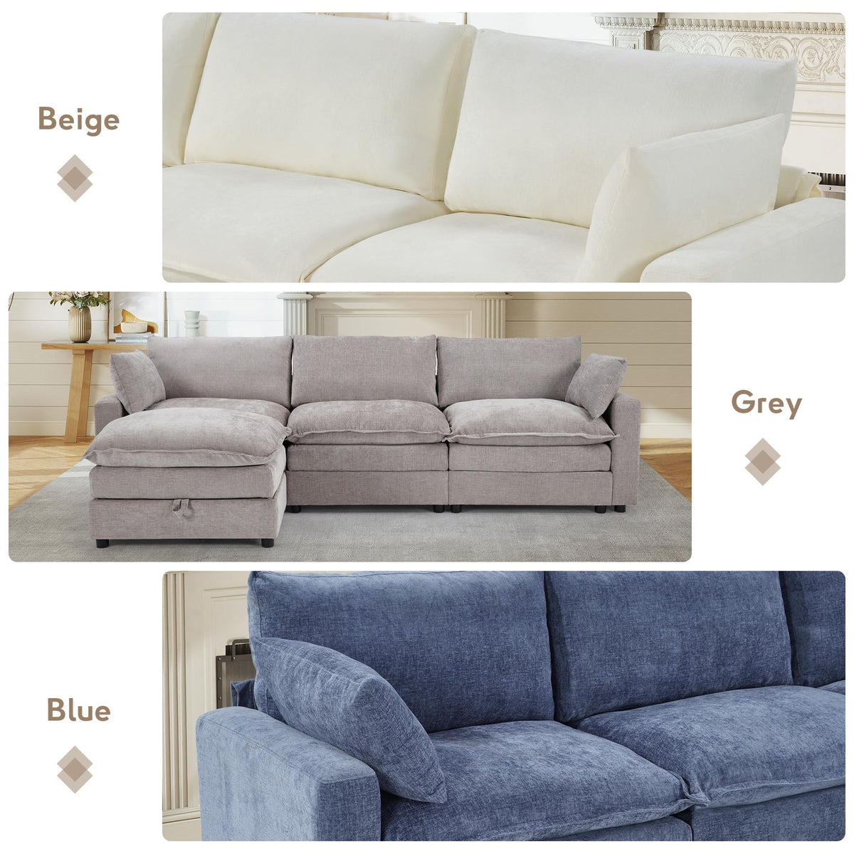 113" Modular Sectional Sofa, L Shaped Cloud Couch with Storage Ottoman