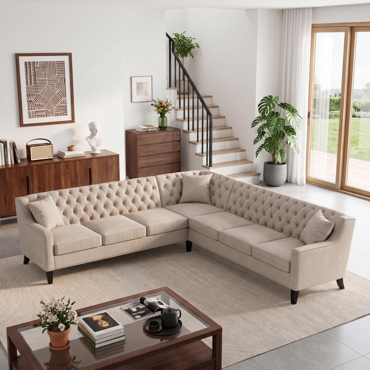 103" X 103" 7 Seat Corner Sofa L Shaped Couch Chenille Sectional Couch with Three Pillows Tufted Backrest Chesterfield L Shaped Sofa Sectional Couches for Living Room Office, Restaurant, Bar Beige