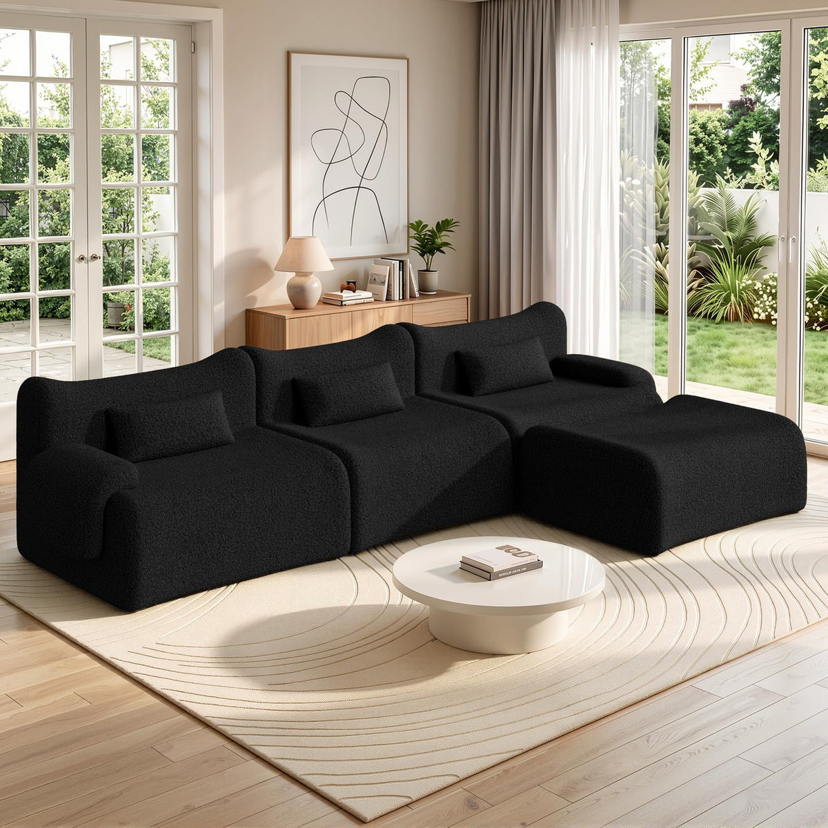126" L Shaped Boneless Couch, 4-Seat Modular Sectional Sofa with Ottoman, Teddy Fleece Upholstery, Deep Seat Cloud Couch, No Assembly Required,Brown