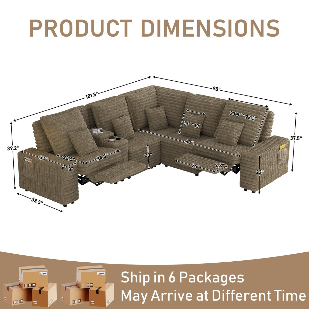 Wrofly 5-Seat L-Shaped Power Reclining Sectional with Console, Camel