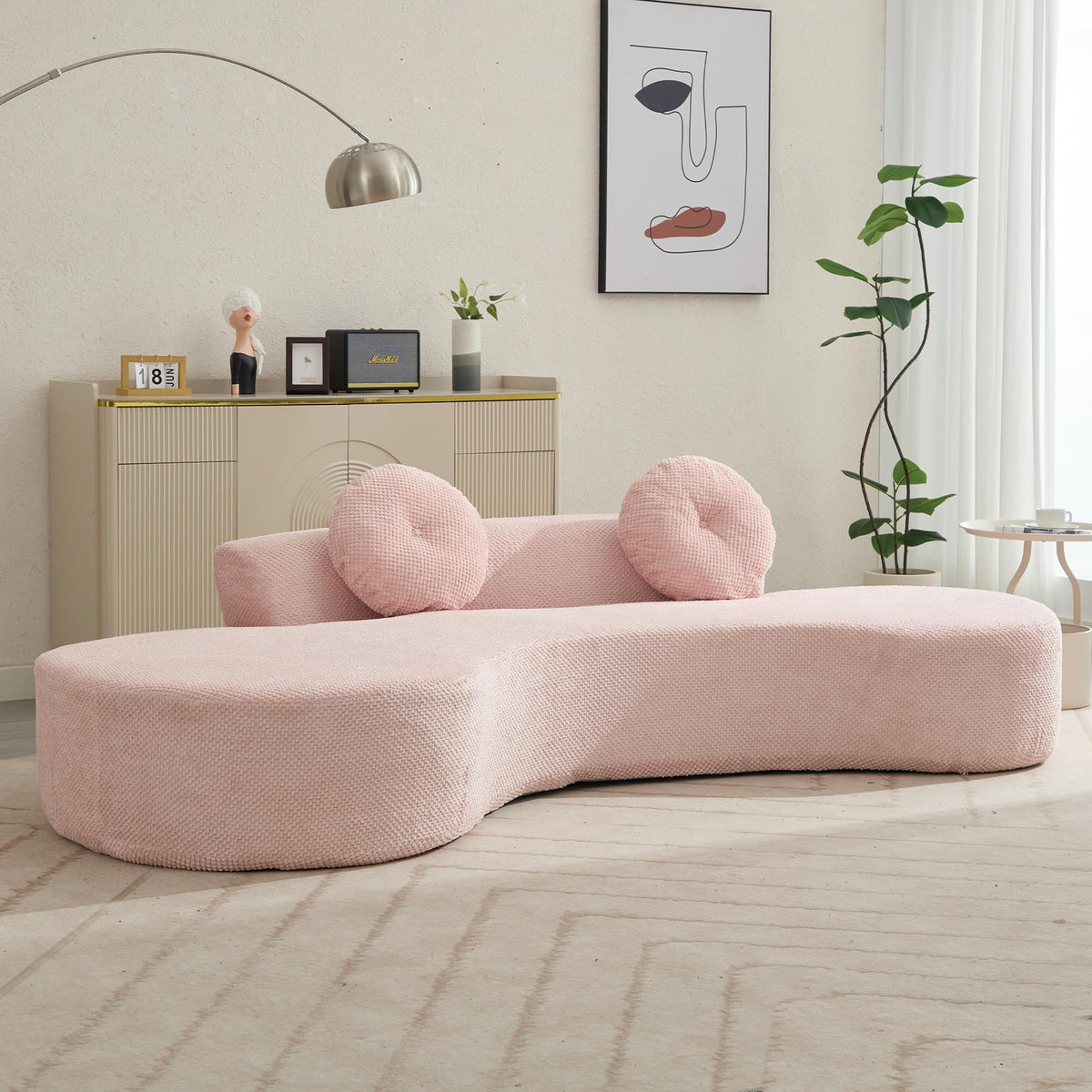 105.5''Curved Sofa, Sofa, Cloud Couch Sofa 3 4 Seater Couch with 2 Pillows,Bedroom, No Assembly Required, Point Shaped Corduroy,(Anti Wrinkle),Pink TJ275