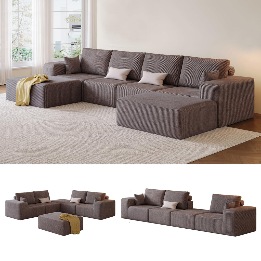 109" L-Shaped Corduroy Oversized Sectional Sofa w/Ottoman, Brown