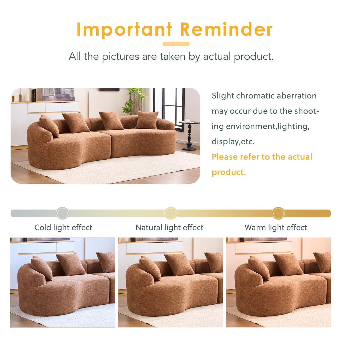 110.2" Boneless Curved Modular Sofa, Modern S-Shaped Chenille Upholstered Couch with 4 Pillows, Spring & Foam Support Soft Packed Sofa for Small Space Living Room, Home Decor (Caramel, 4)