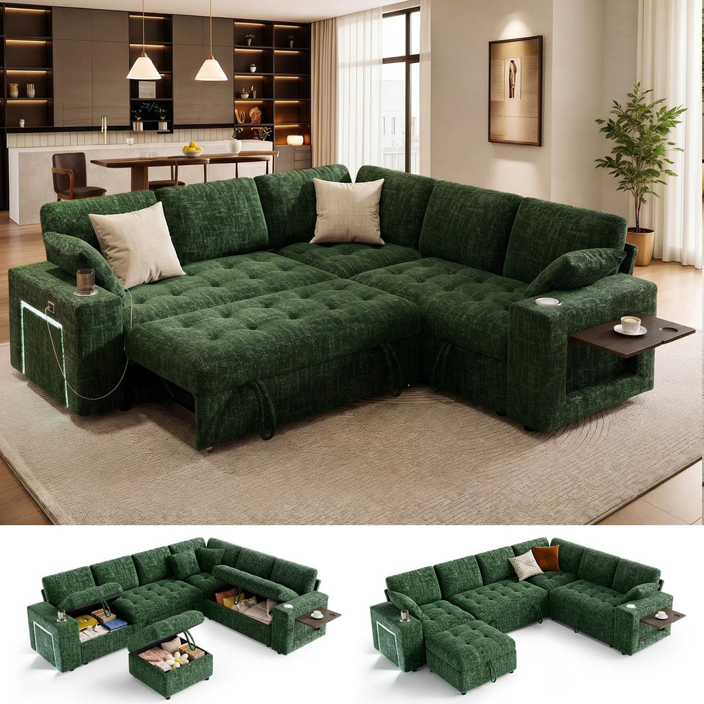 Vipbear 111" Sofa Bed, 7 Seat Modular Sectional Sleeper Sofa with Pull Out Bed, Chenille L Shaped Couch with Storage Ottoman|Cup Holders|Side Table|LED Light|USB Ports, Easy Assembly, Green