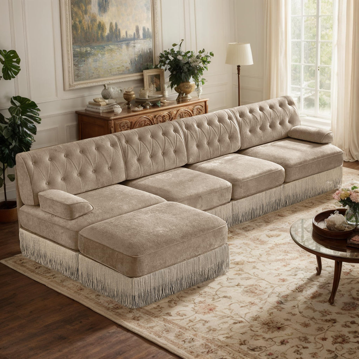 106'' Modern Chesterfield Style 3-Seater Sofa with 2 Ottoman, Upholstered Velvet Modular Sectional Sofa with Button Tufted, U Shape Deep Seat Cloud Sectional Couches for Living Room (Green)