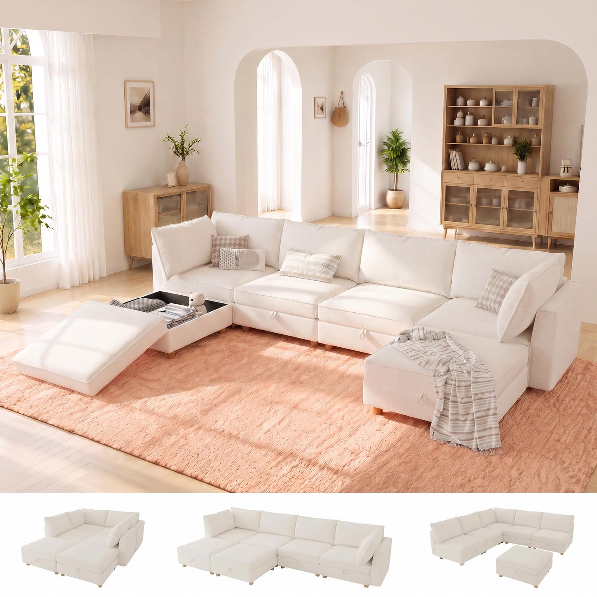 128'' Modular Sectional Sofa,8 Seat Chenille Sectional Sofa with Washable Covers,FSC Certified Modern Sectional Sofa with Storage & Ottoman,Convertible U/L Shaped Couch,Beige Couches for Living Room
