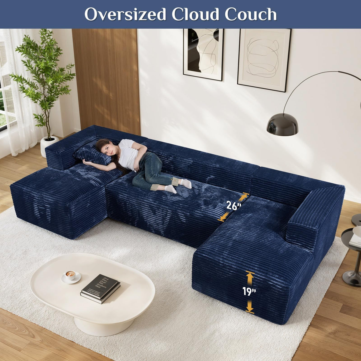 131" Oversized U-Shaped Cloud Sectional Sofa with Double Chaise, Blue