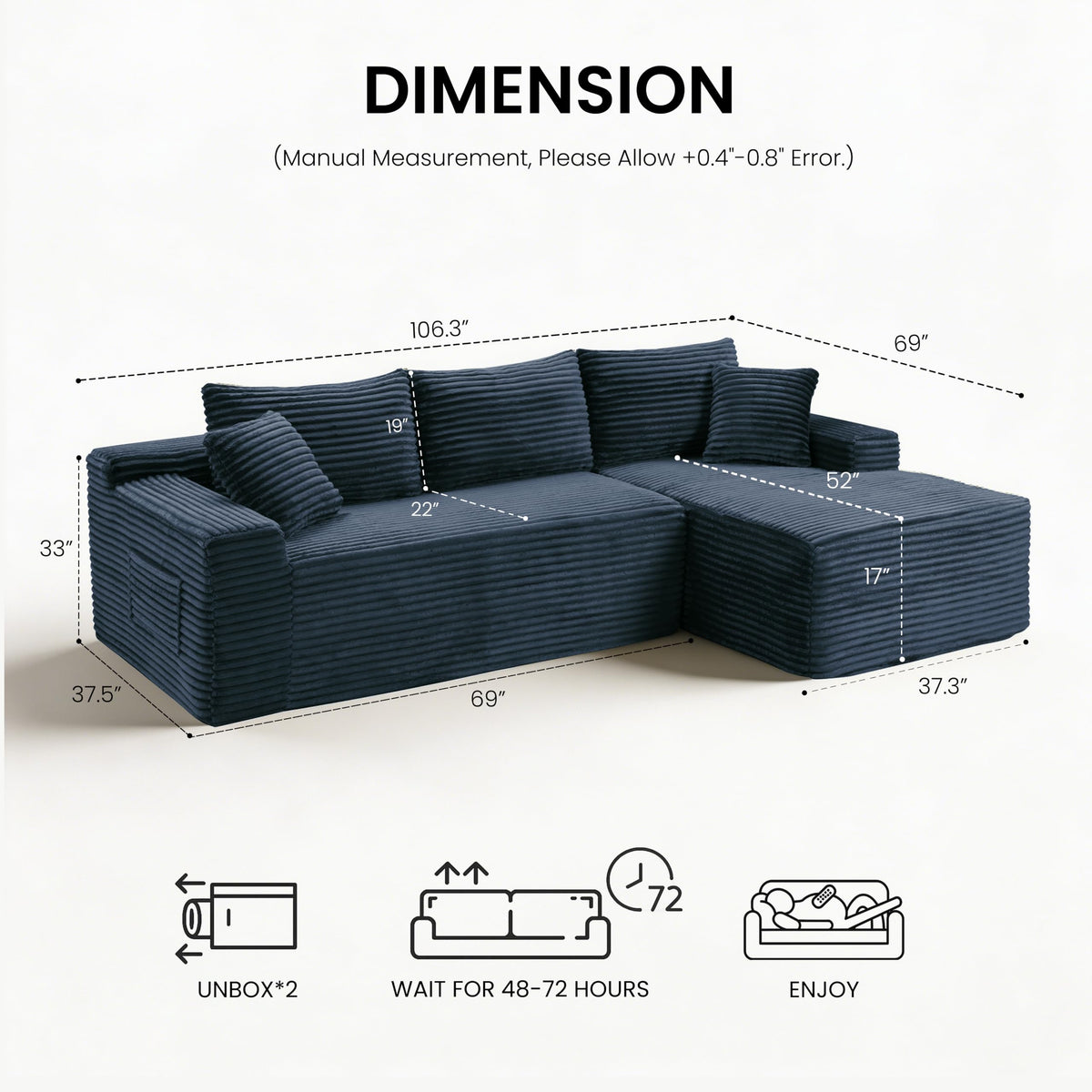 106" Modular Boneless Sofa, Sectional Chaise L-Shaped Couch for Living Room