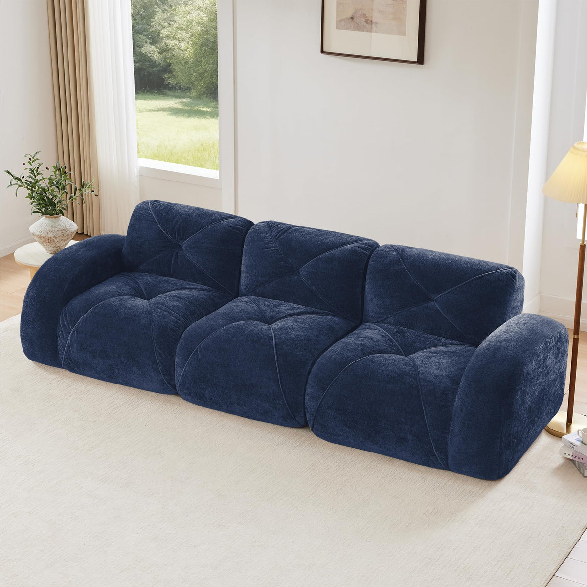 U-Shaped Boneless Sofa, Tufted 32d High Density Sponge Bottom, Anti-Slip Design, No Assembly Required, Free Combination, Movable Ottomans for Living Rooms, Home Theater, Blue