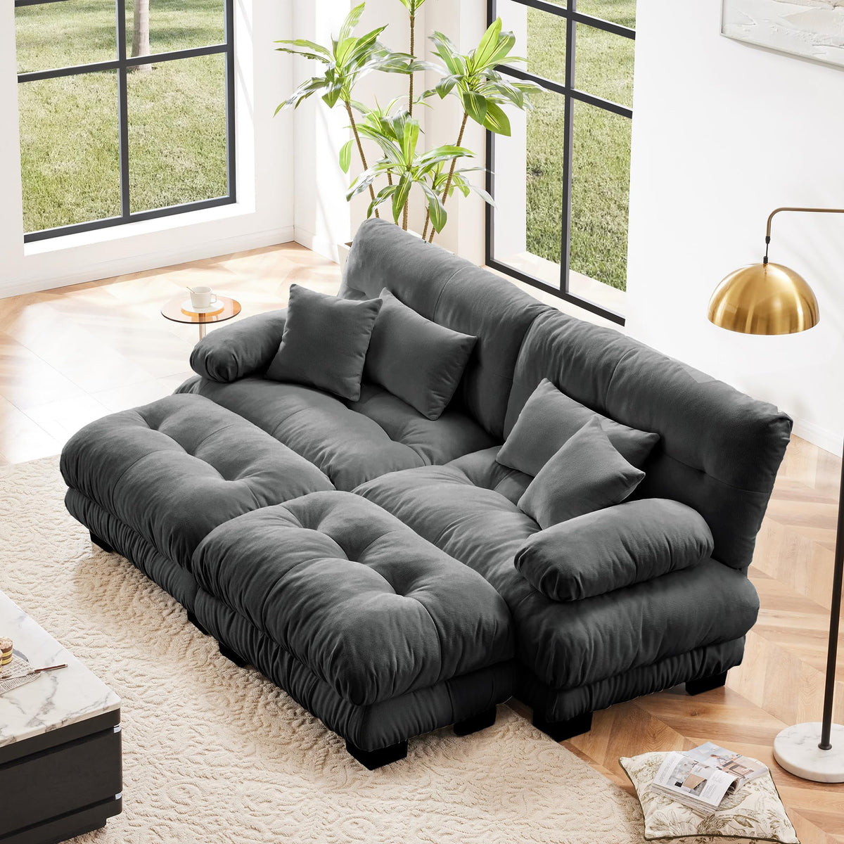 134" Oversized 3 Seater L Shaped Modular Sectional Sofa, Large Sectional Couches for Living Room, Chenille Cloud Couch with Pillows, Living Room Deep Seat Sofas with 3 Seats & 1 Ottoman, Pink