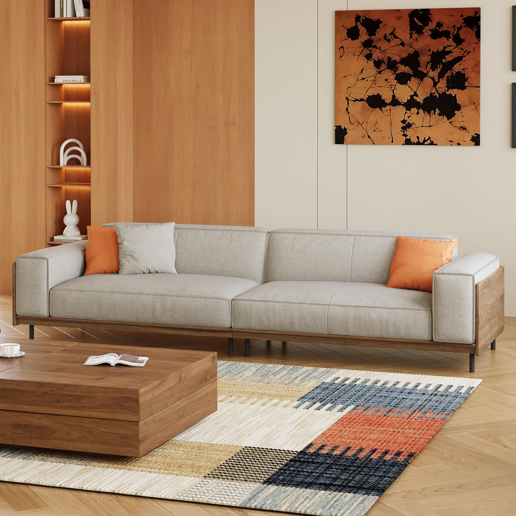 110.24" Mid-Century Modern 4-Seater Sofa, Large Couch with Solid Wood Frame & High-Density Cushions, Upholstered Living Room Sofa for Apartment & Office, Gray