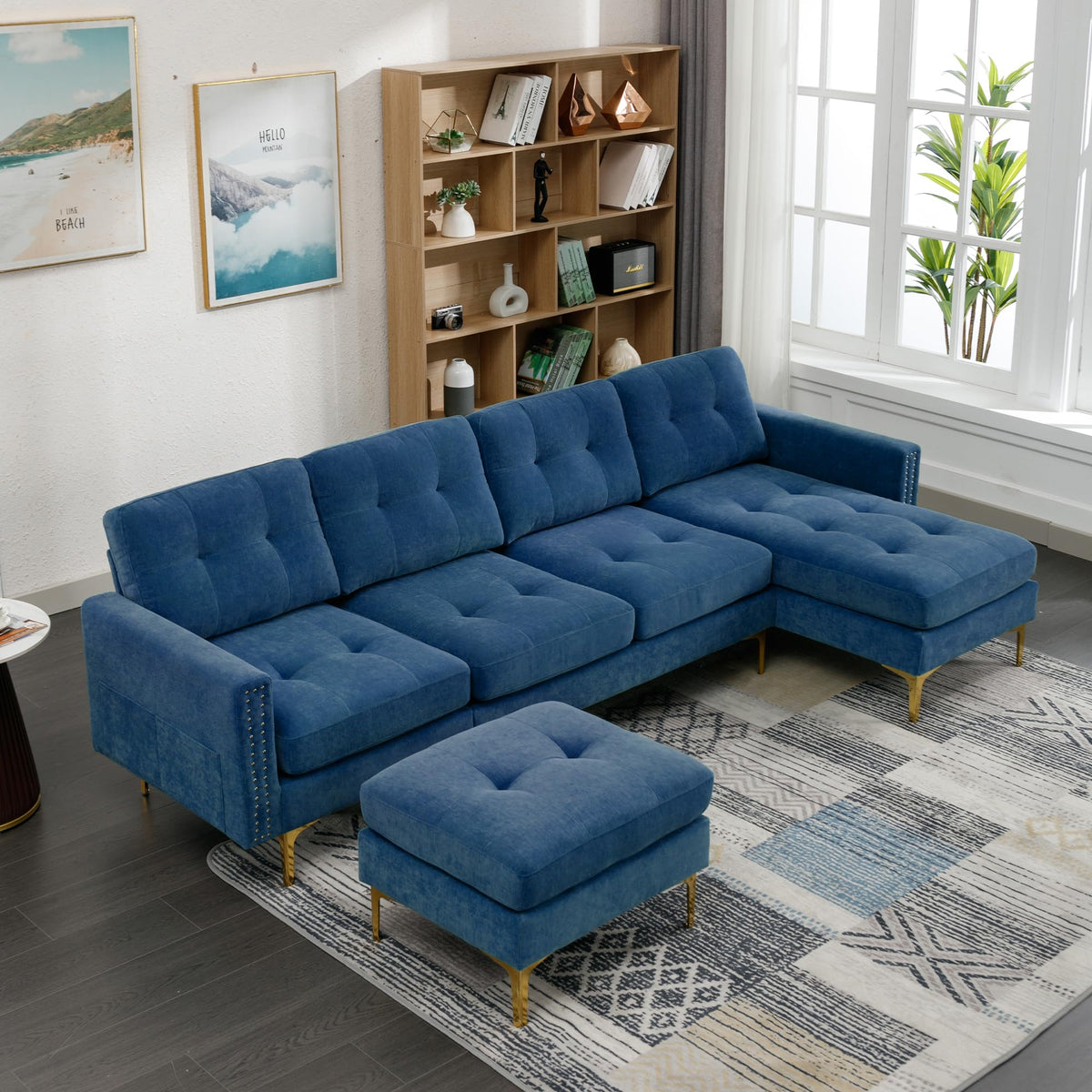 110.6" Velvet Sectional Sofa Couch with Chaise Lounge & Ottoman for Living Room, Modern Contemporary L-Shaped 4-Seat Tufted Sofa Couch for Apartment Office, Strong Metal Leg, Brown
