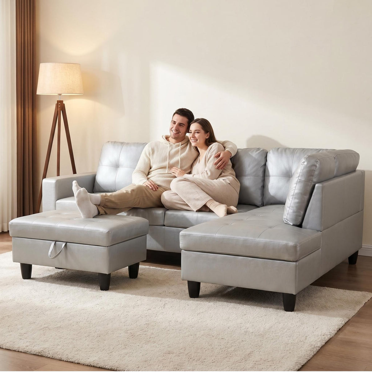 103.5" Sectional Couch with Movable Ottoman, L Shaped 4 Seater PU Faux Leather Sofa w/Chaise Lounge, Comfy Modern Modular Couch for Living Room, Apartment, White Stripes, Right, 3PCS