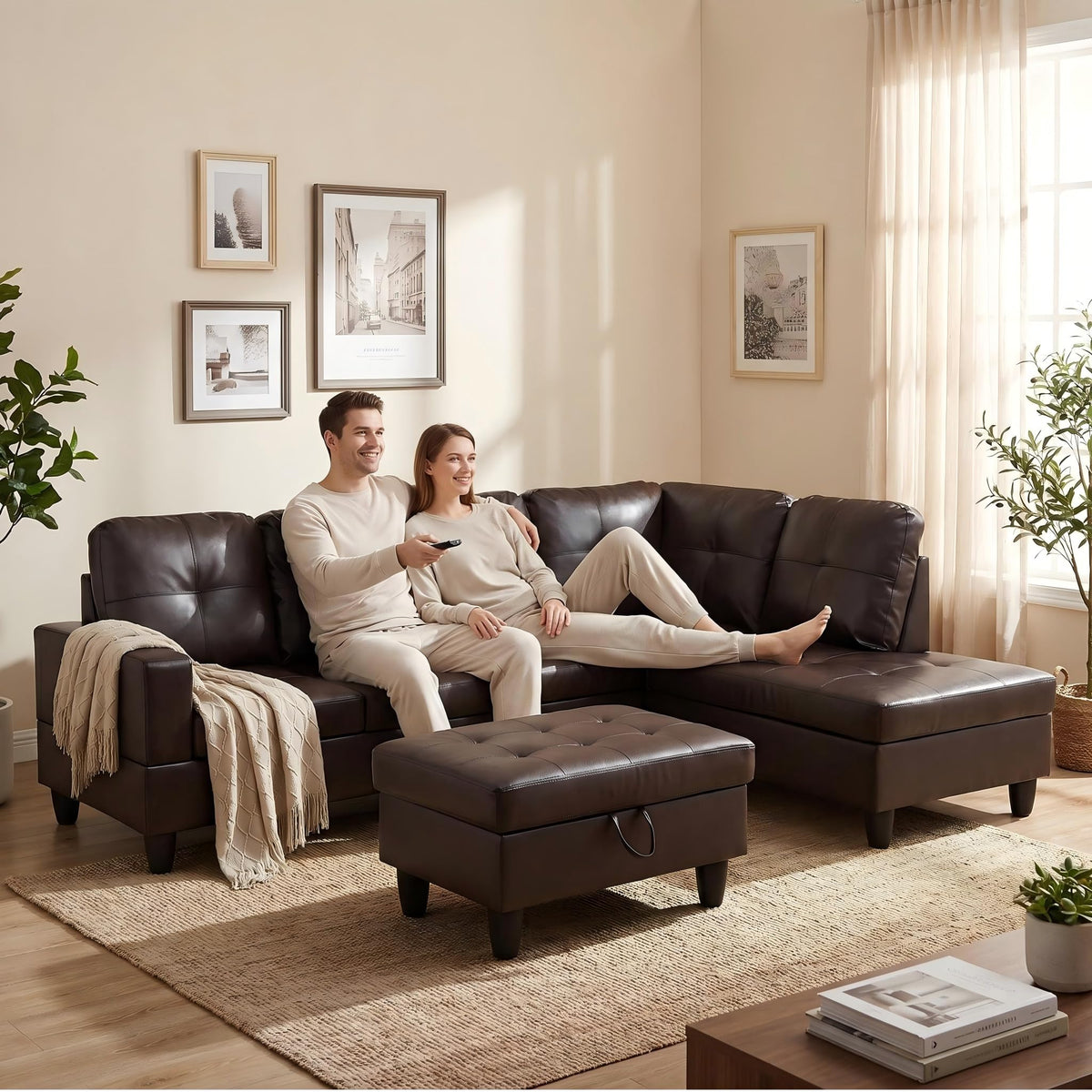 103.5" Sectional Couch with Movable Ottoman, L Shaped 4 Seater PU Faux Leather Sofa w/Chaise Lounge, Comfy Modern Modular Couch for Living Room, Apartment, White Stripes, Right, 3PCS