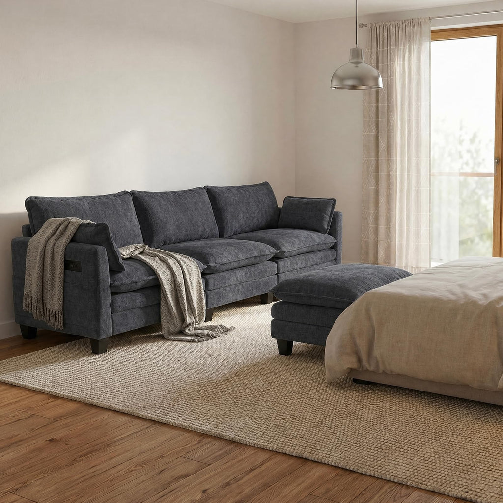 108" Modular Sectional Sofa Cloud Couch - L Shape Sofa with Charging Station Side Storage - Chenille Comfy Couches with Ottoman Movable for Living Room Bedroom Apartment Office, Black