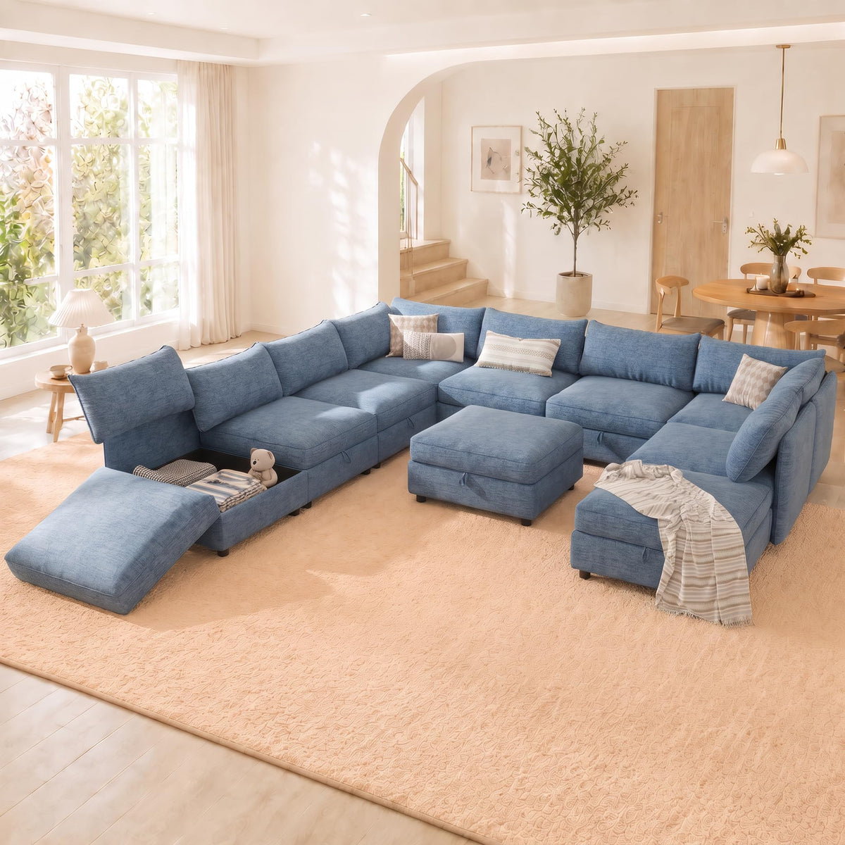 127'' Modular Sectional Sofa,FSC Certified 6 Seater Sectional Sofa,Chenille Couch with Removable Washable Covers,Modern Couch with Ottoman,U Shaped Couch with Storage,Beige Couches for Living Room